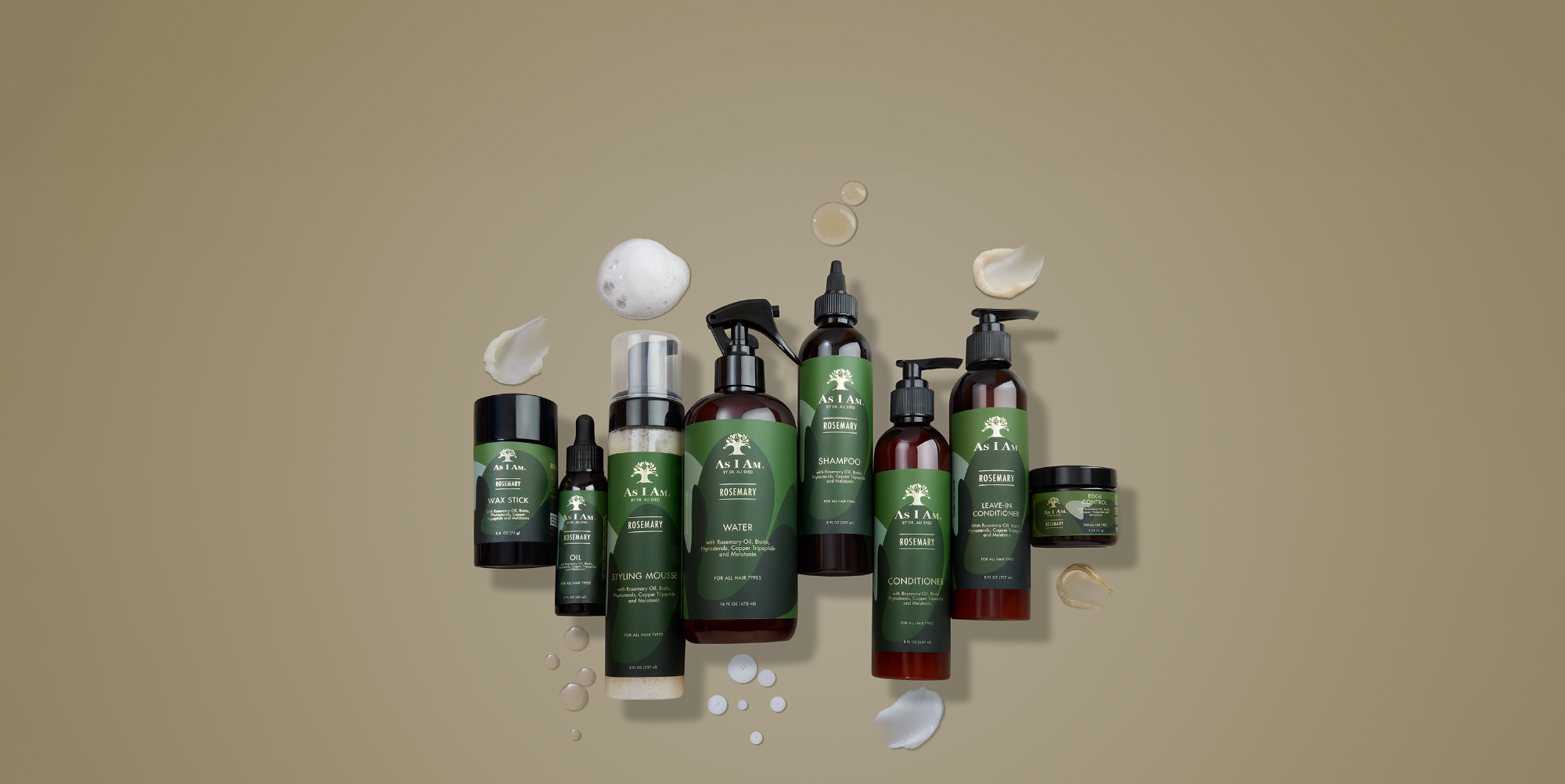 As I Am Rosemary Collection - un système de soins capillaires de 8 produits infusés de romarin, de biotine, de mélatonine, de tripeptide de cuivre et de céramides. Comprend le shampooing à la menthe, l'après-shampooing, le soin sans rinçage, le bâton de cire, le contrôle des bords, la mousse coiffante et l'huile pour cheveux et cuir chevelu - tous formulés pour renforcer, épaissir et favoriser une croissance saine des cheveux tout en nourrissant le cuir chevelu.