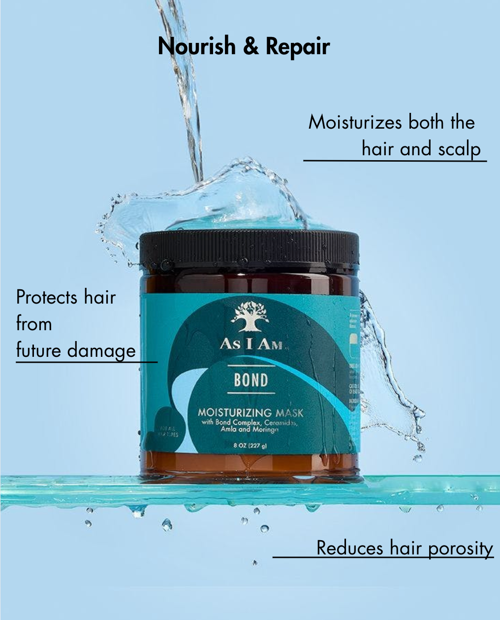 Pot de masque hydratant As I Am Bond avec gouttes d'eau sur fond bleu