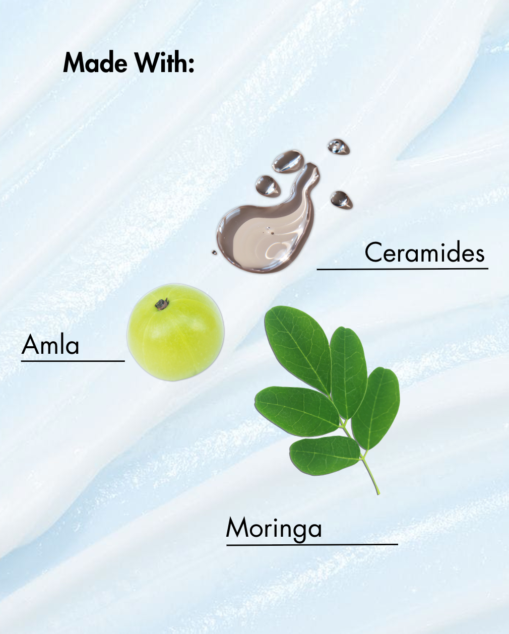 Étiquette de produit avec Amla, Moringa et Ceramides sur un fond bleu clair