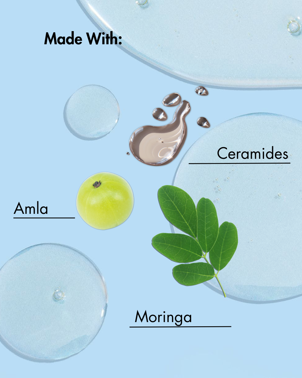 Ingrédients utilisés dans un produit de soin sur fond bleu clair