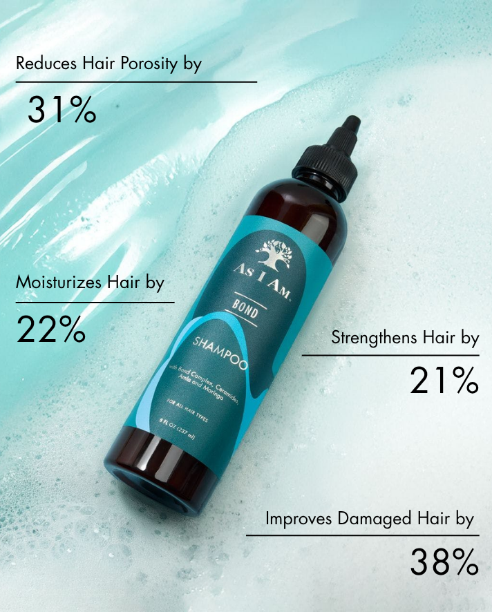 Bouteille de shampoing avec texte soulignant ses bienfaits sur un fond texturé