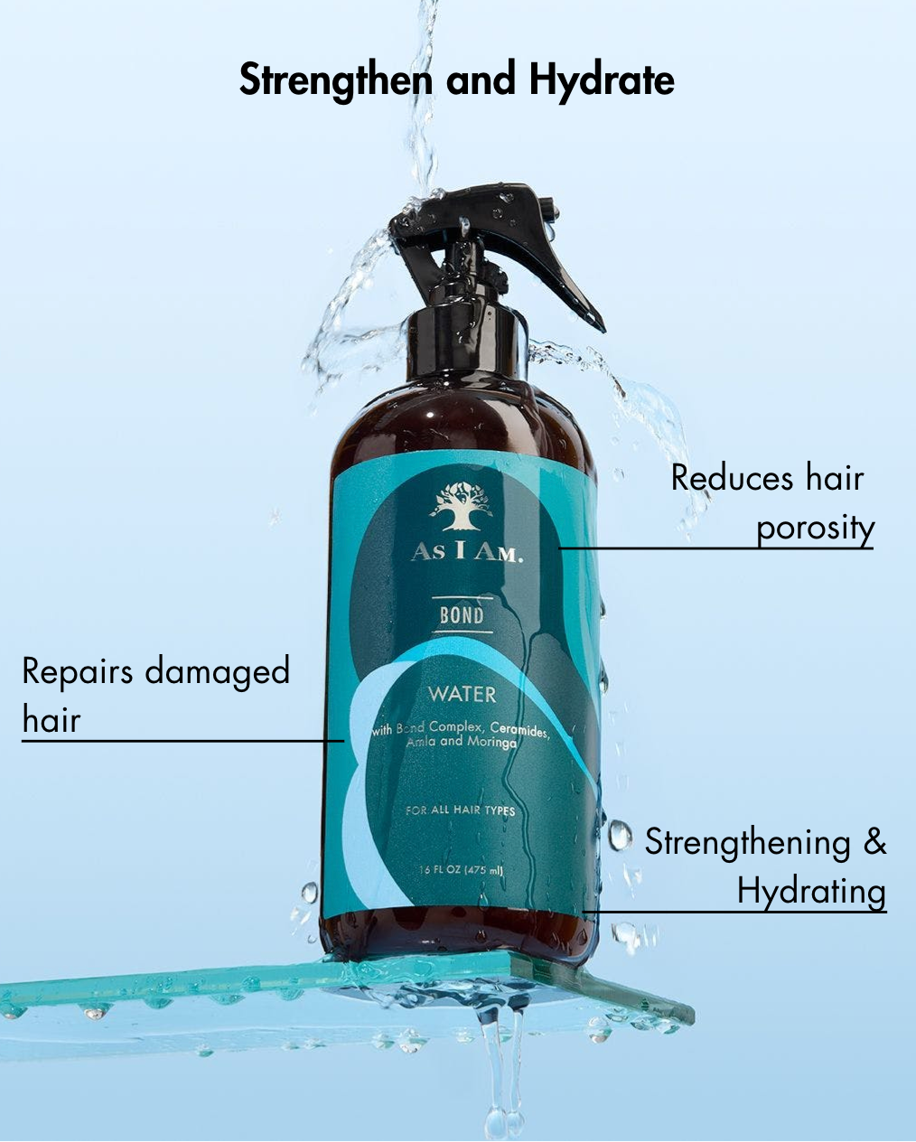 Flacon de produit capillaire As I am avec des gouttes d'eau et un texte soulignant les avantages sur un fond bleu clair.