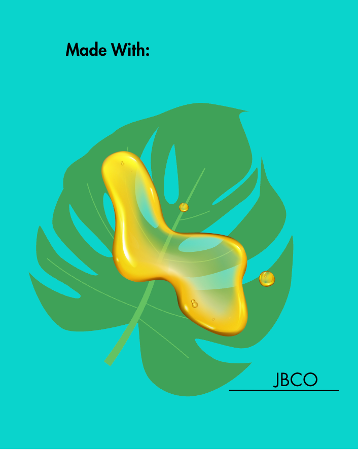 Objet en forme de feuille d'or sur une feuille verte avec les mentions "Made With :" et "JBCO" sur fond sarcelle