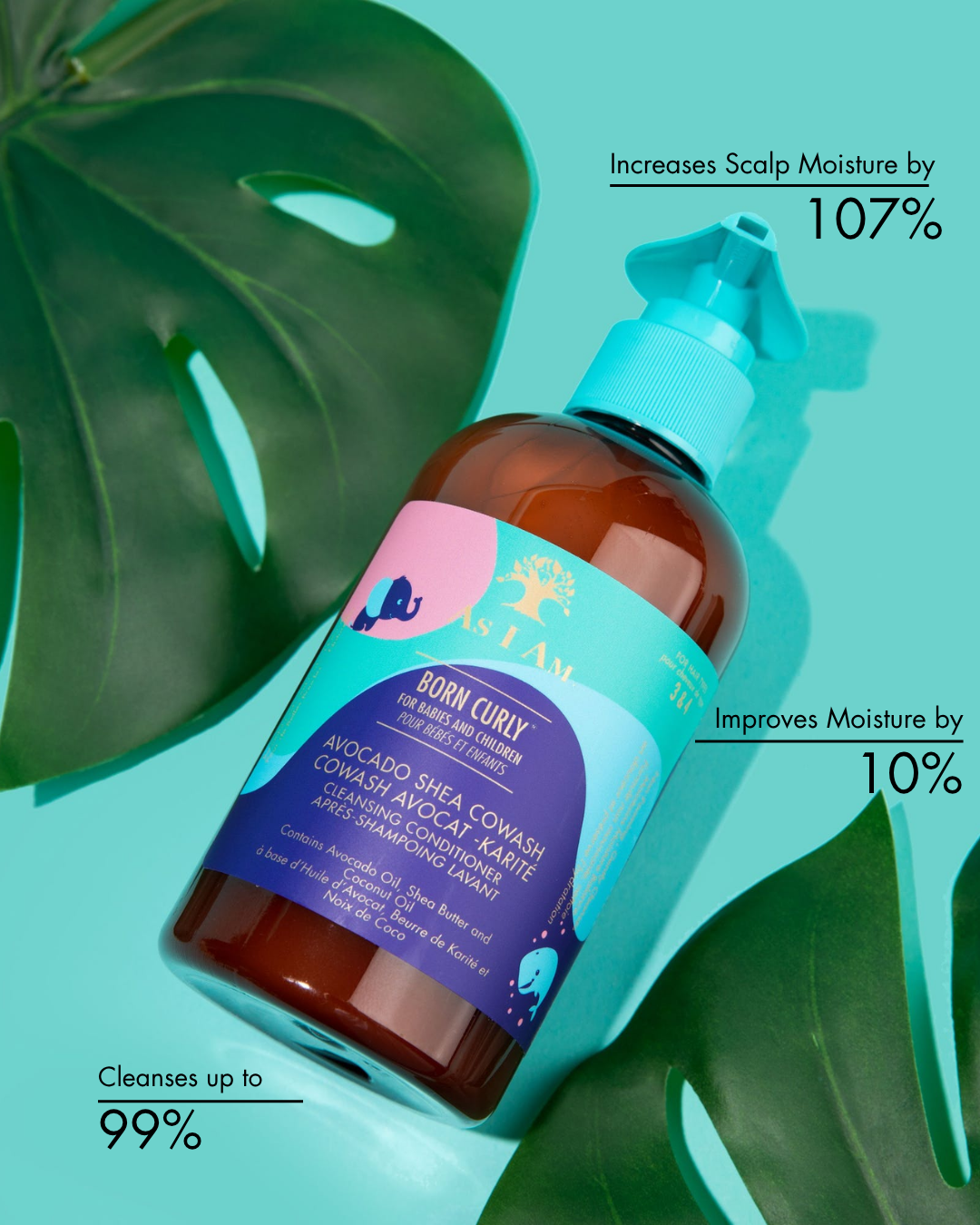 Flacon de produit capillaire avec des feuilles vertes sur fond bleu clair