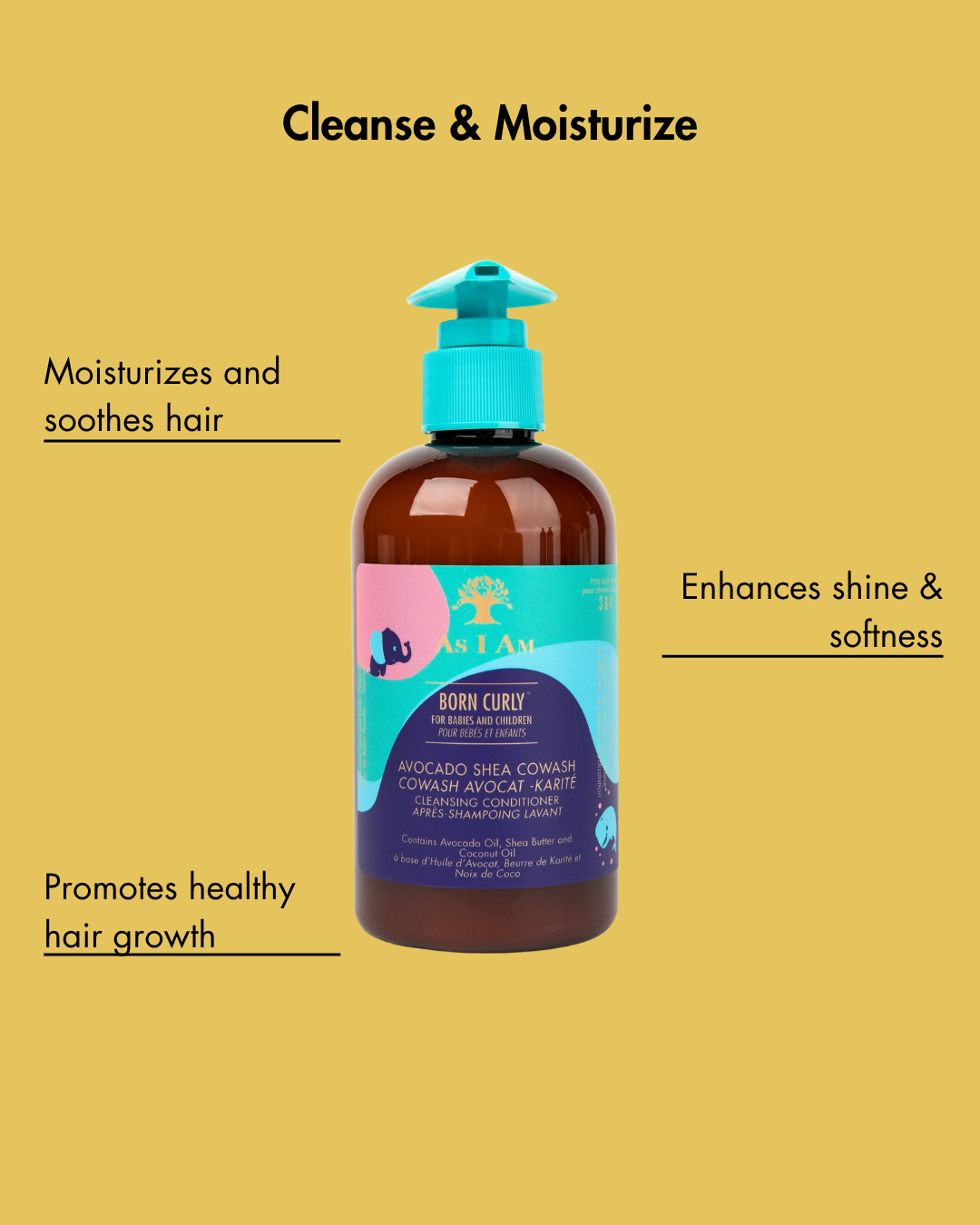 Bouteille de produit capillaire avec texte sur fond jaune
