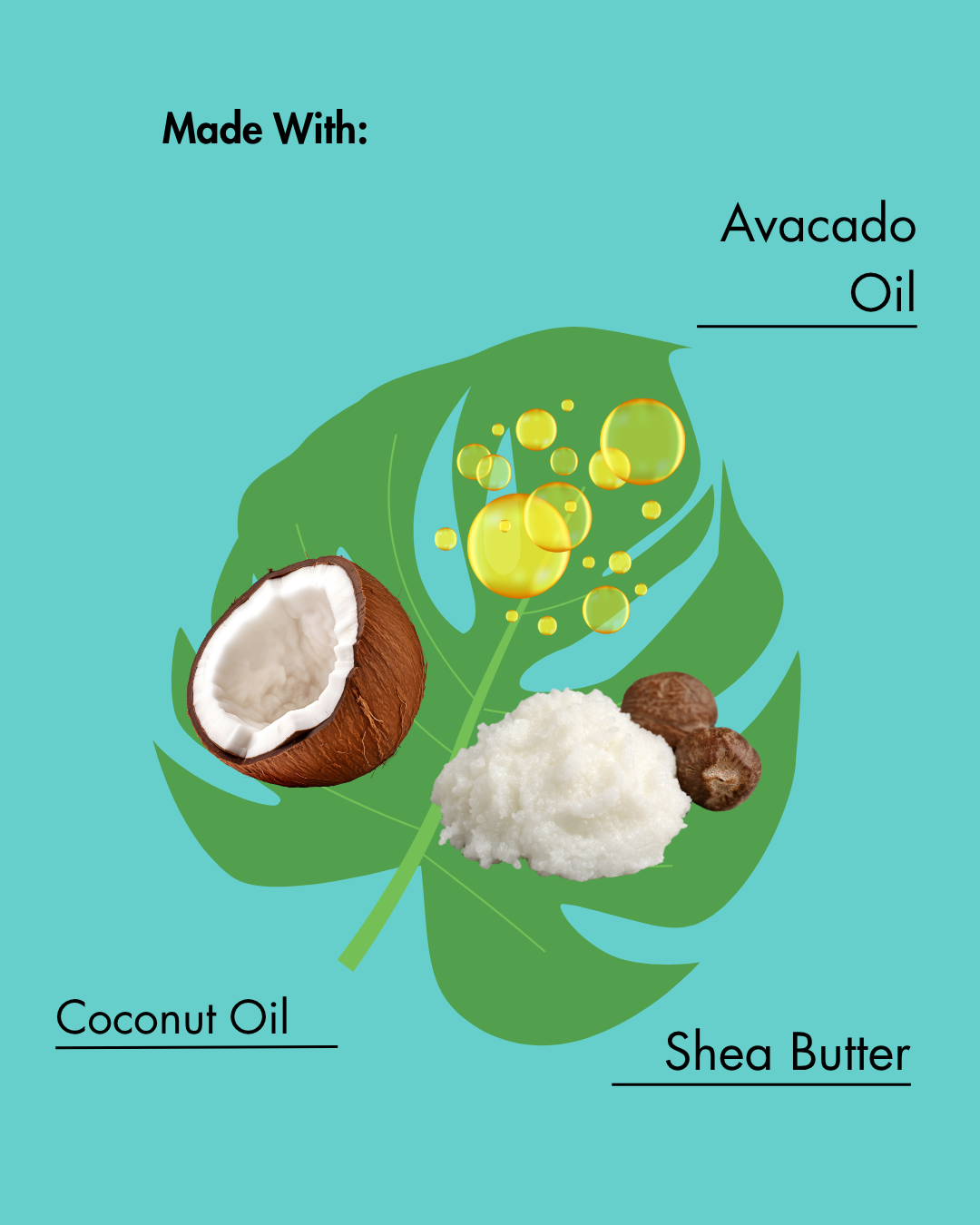 Illustration d'avocats, de noix de coco et de beurre de karité avec texte sur fond sarcelle