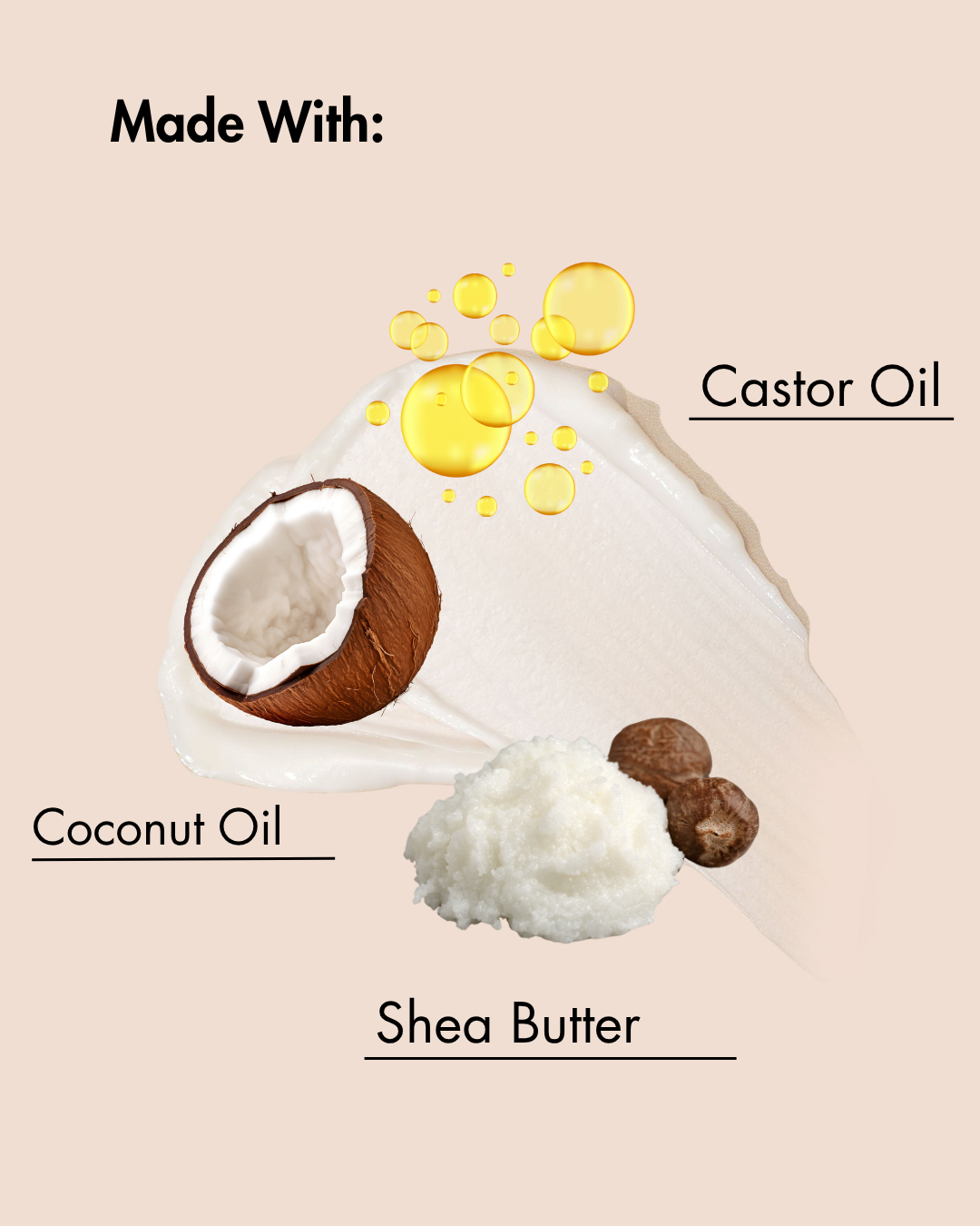 Ingrédients utilisés dans un produit, notamment l'huile de coco, le beurre de karité et l'huile de ricin, sur un fond beige.
