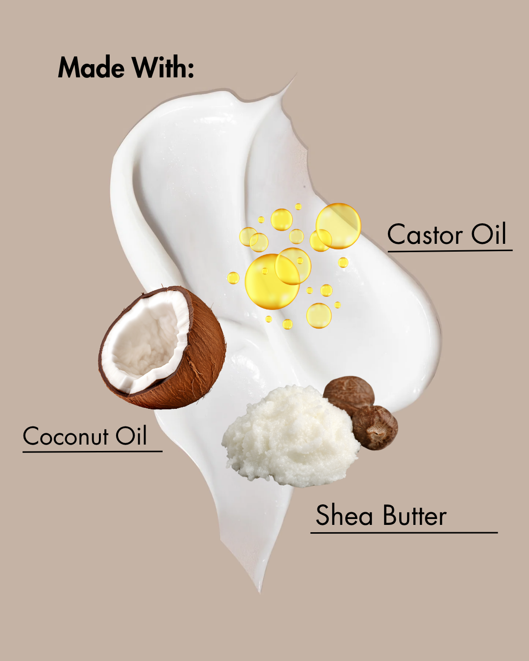 Illustration d'un produit de soin pour la peau contenant de l'huile de coco, du beurre de karité et de l'huile de ricin, étiquetés sur un fond beige.