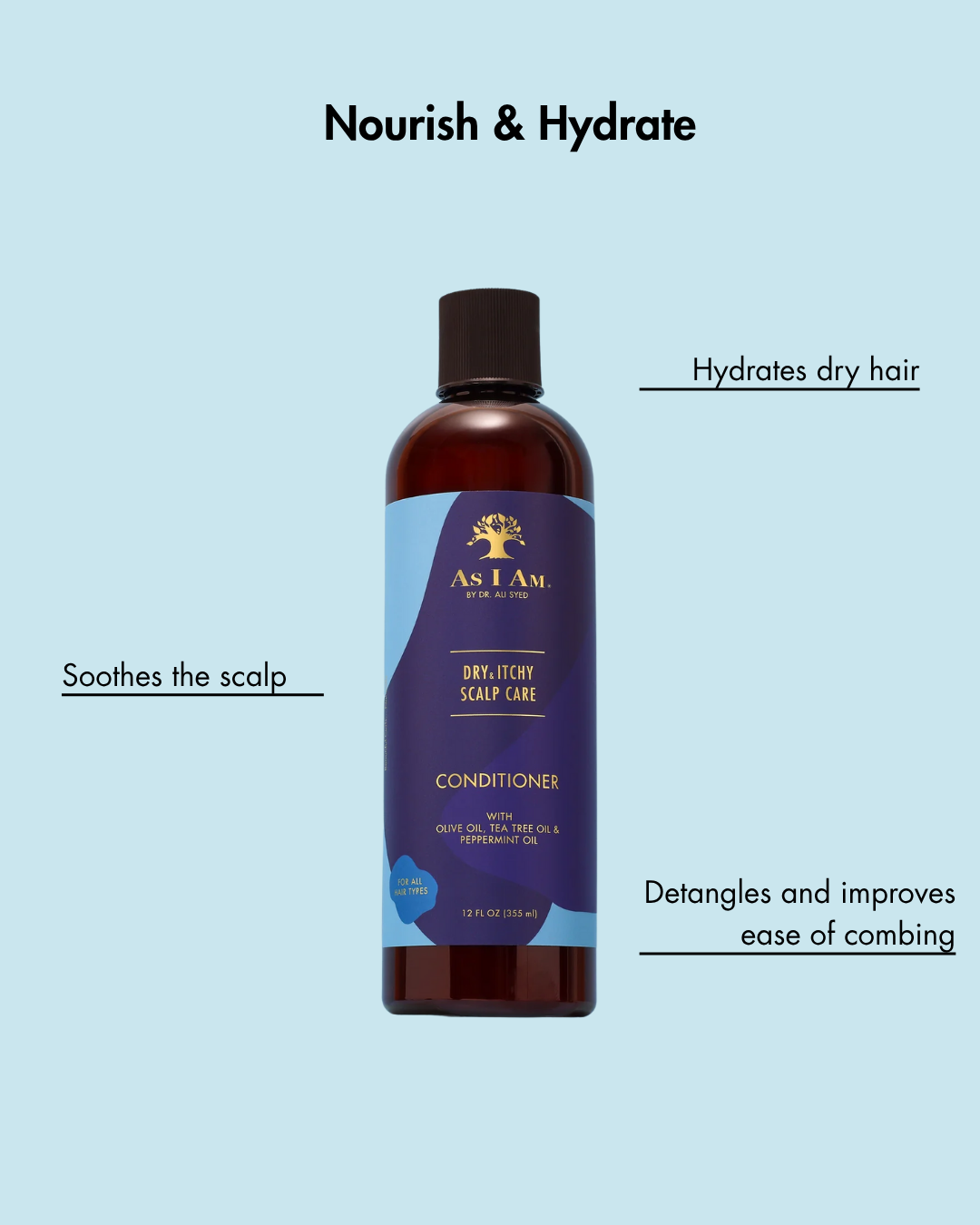 Bouteille de l'après-shampoing As I Am Dry Itchy Scalp Care sur un fond bleu clair