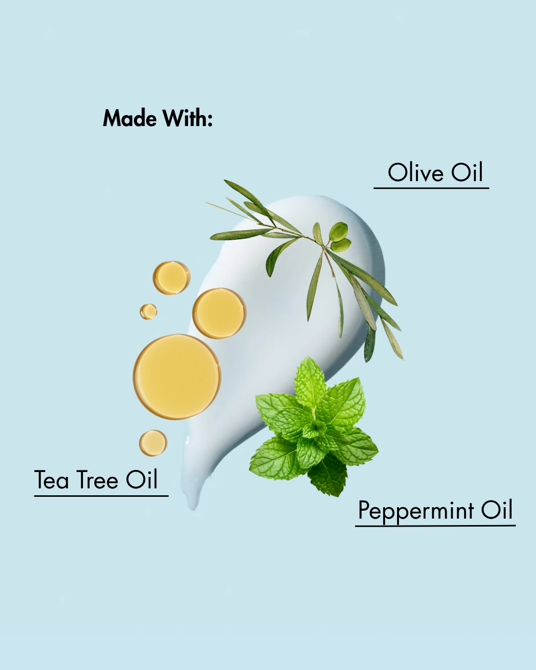 Produit contenant de l'huile d'olive, de l'huile d'arbre à thé et de l'huile de menthe poivrée, étiqueté sur un fond bleu clair.