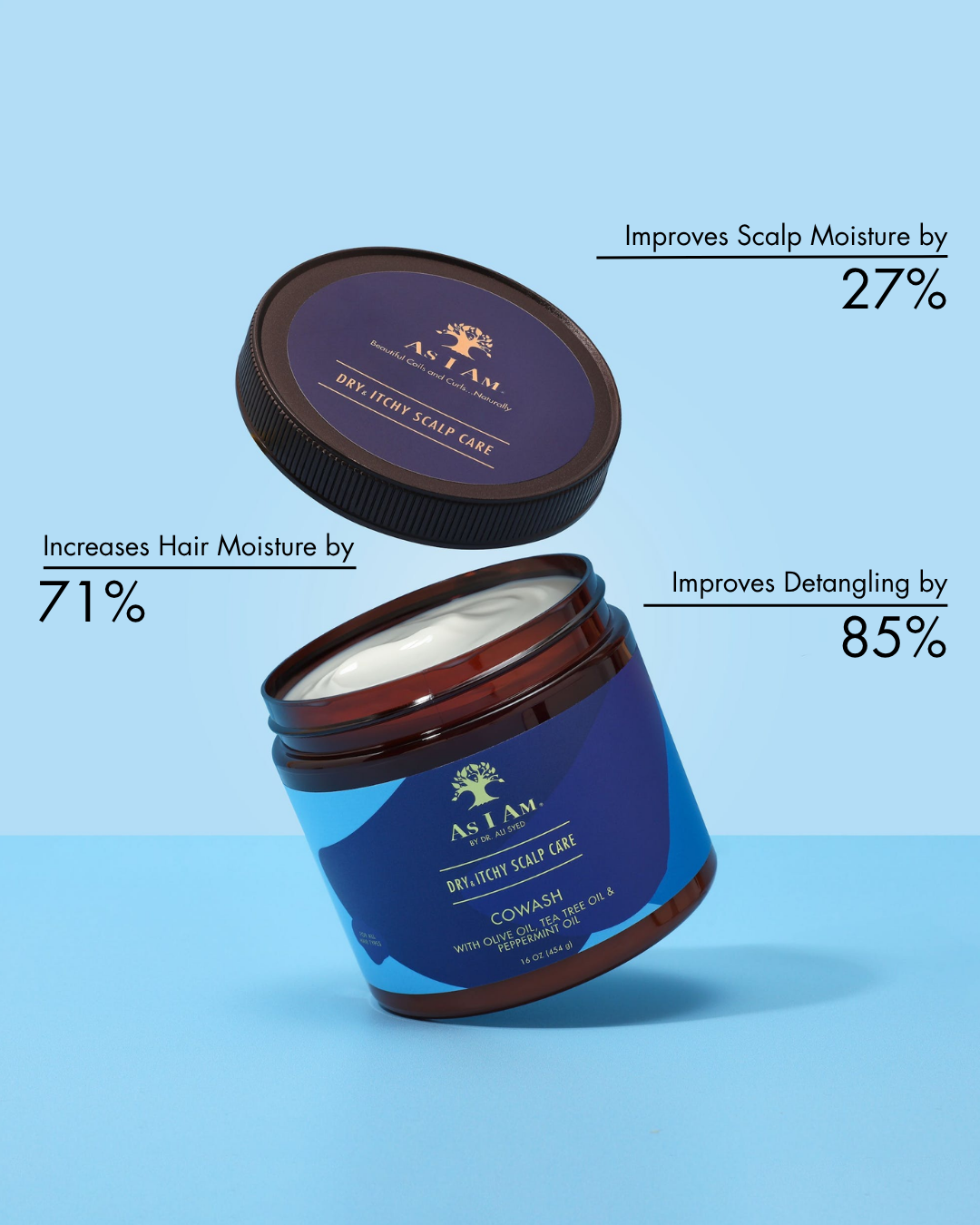 Pot de produit de soin du cuir chevelu bleu et marron avec texte sur fond bleu clair