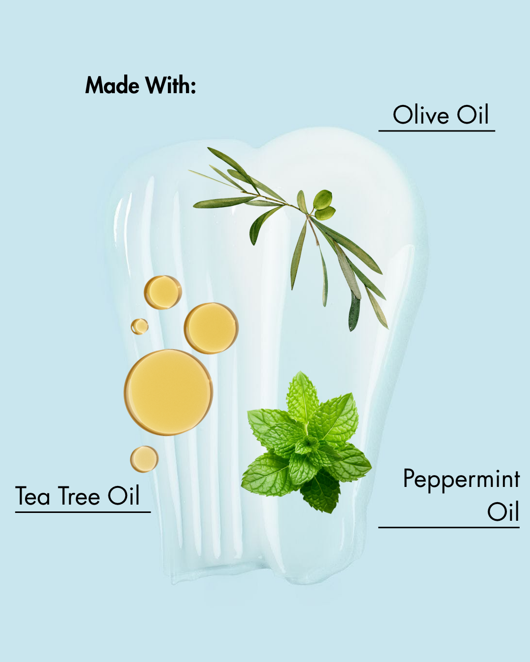 Produit contenant de l'huile d'olive, de l'huile d'arbre à thé et de l'huile de menthe poivrée, étiqueté sur un fond bleu clair.