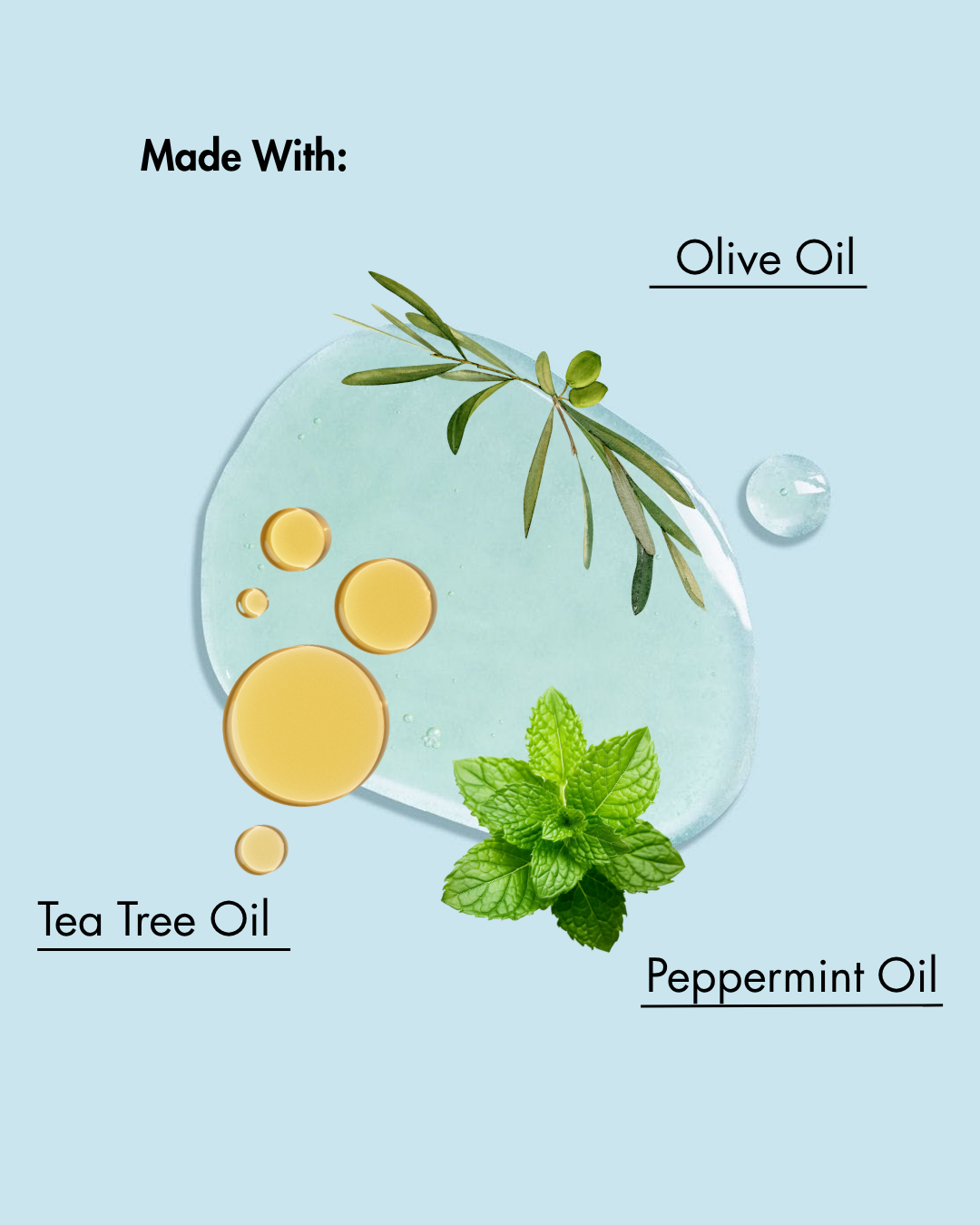 Gouttelettes d'huile d'olive, d'huile d'arbre à thé et d'huile de menthe poivrée avec des feuilles sur un fond bleu clair