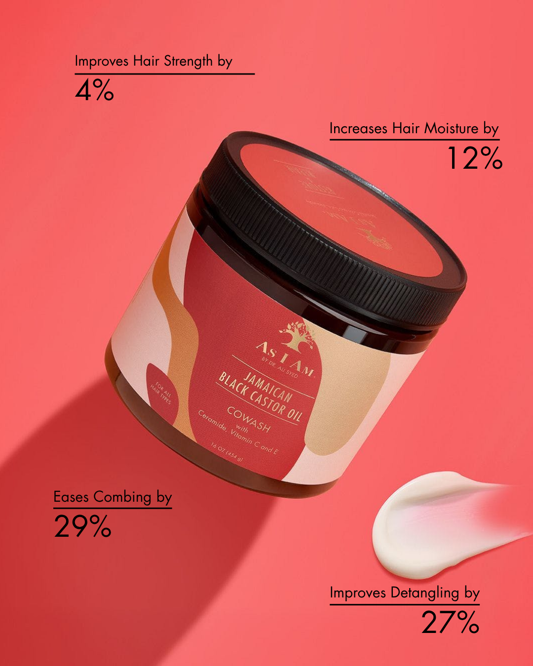 Pot de produit capillaire As I Am avec texte sur fond rouge