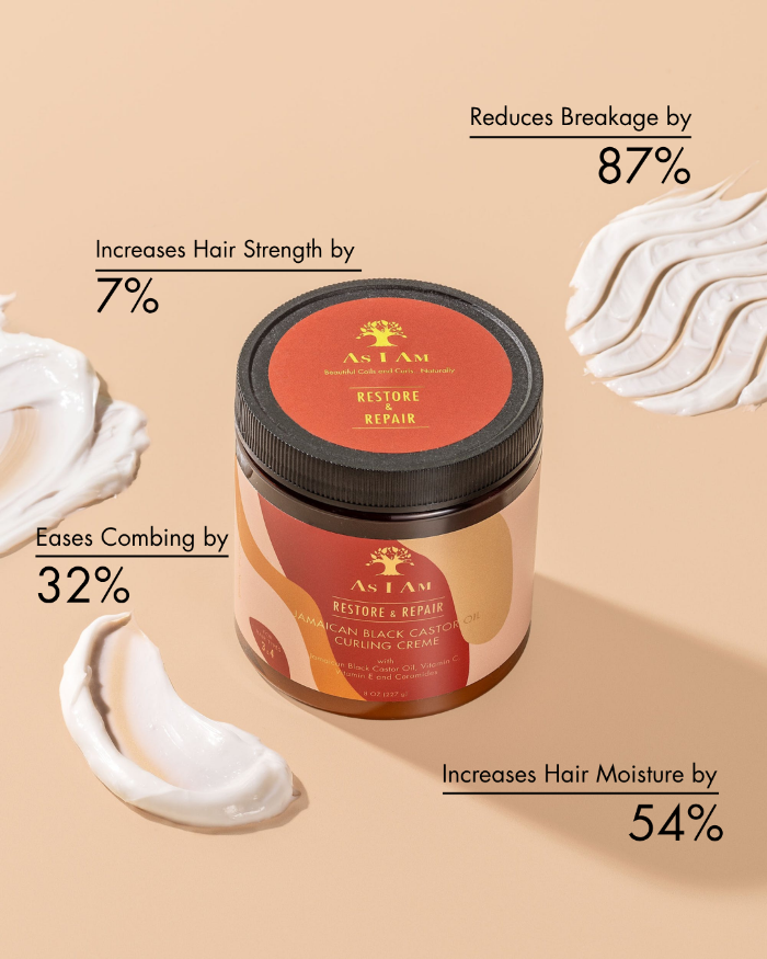 Pot de crème coiffante As I Am Restore & Repair avec texte sur fond beige