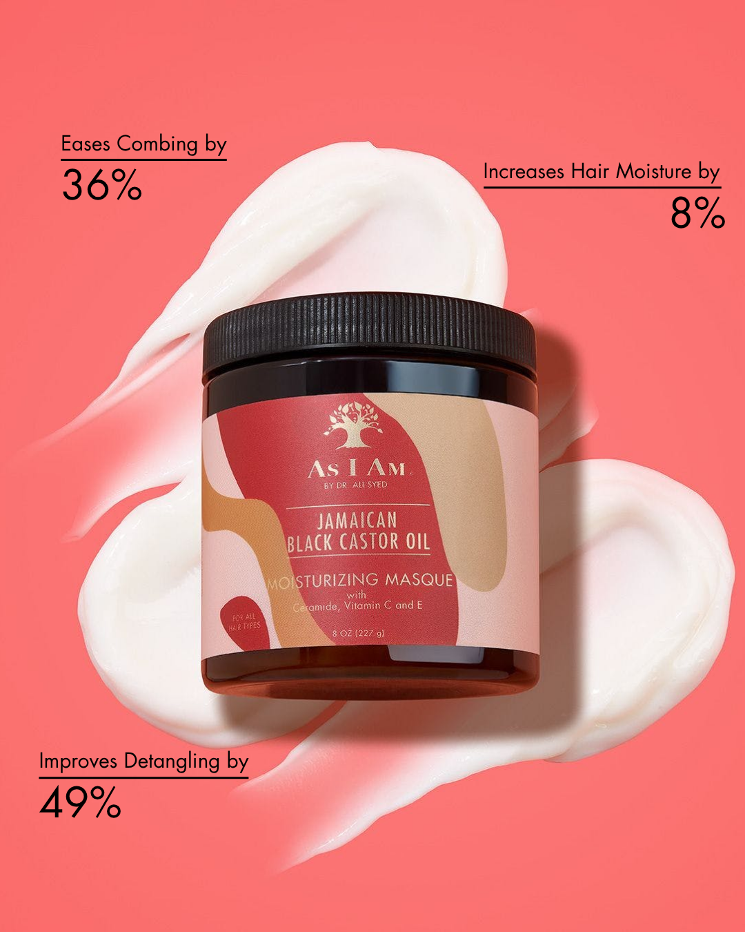 Pot de As I Am Jamaican Black Castor Oil Moisturizing Masque avec les avantages du produit sur fond rose