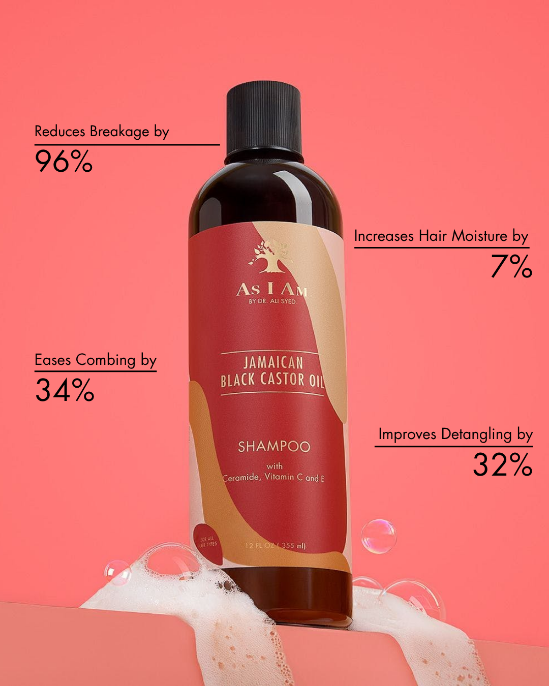 Bouteille de shampoing à l'huile de ricin noire jamaïcaine As I Am avec les avantages du produit sur fond rose