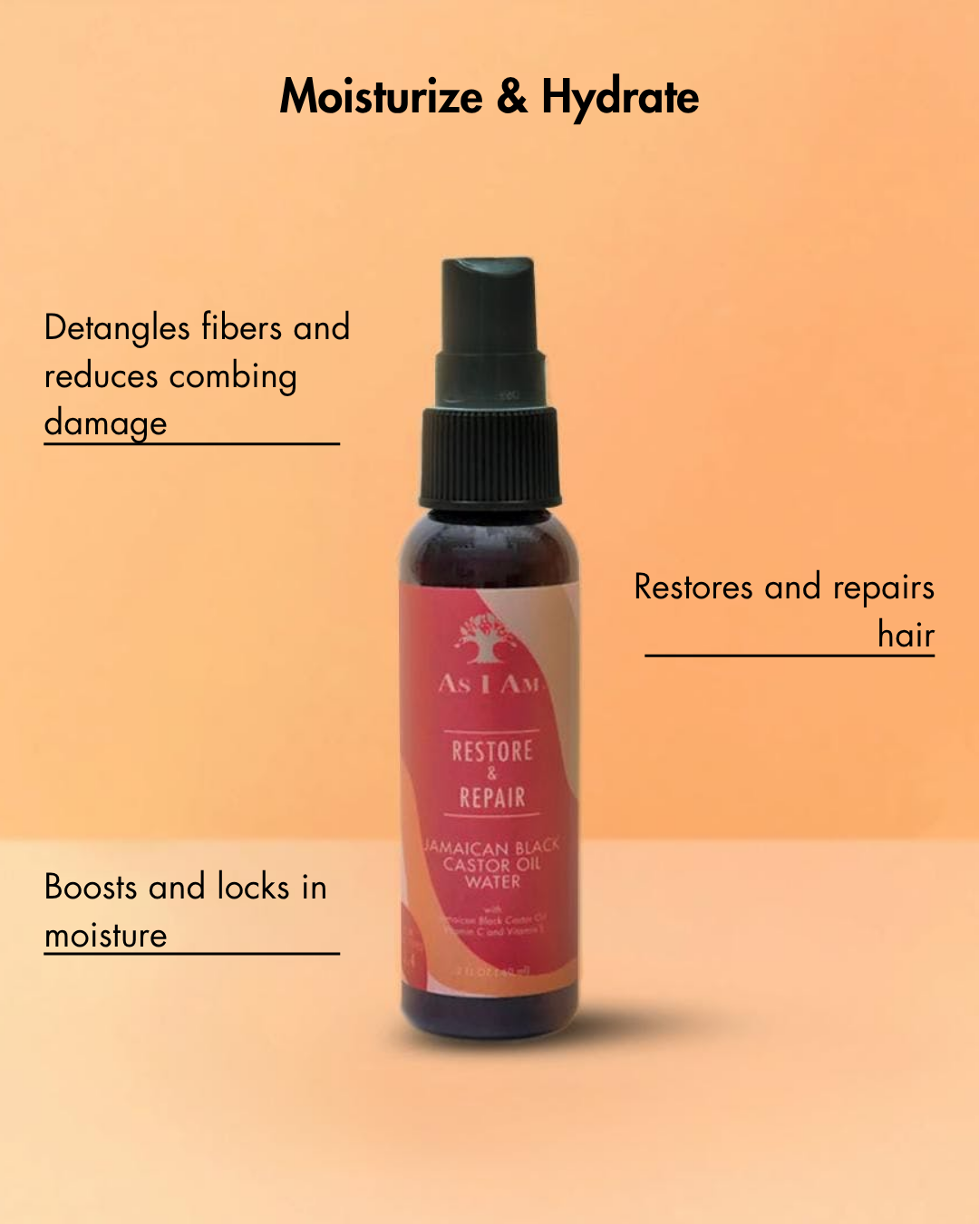 Bouteille de As I Am Restore & Repair Jamaican Black Castor Oil Water sur un fond dégradé