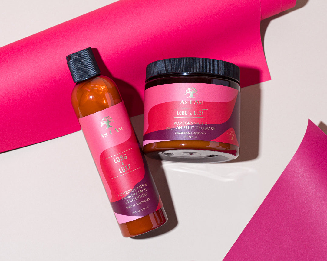 As I Am Long & Luxe GroYogurt and GroWash, un après-shampoing sans rinçage et un après-shampoing nettoyant conçus pour hydrater, démêler et favoriser la croissance des cheveux.