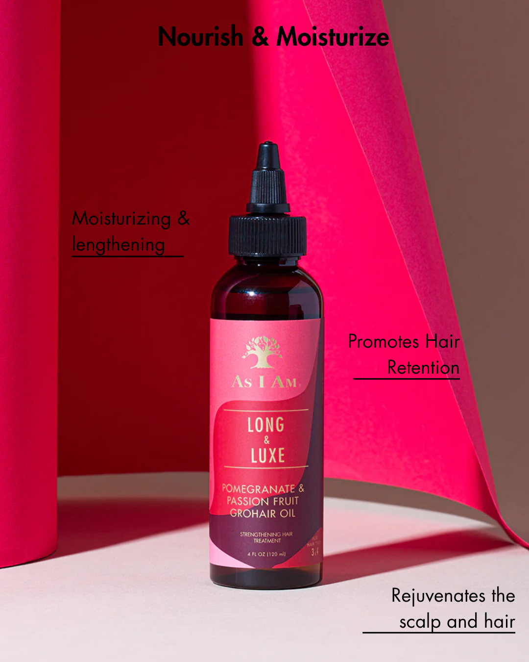 Flacon d'huile capillaire As I Am Long Luxe avec texte soulignant les avantages sur fond rouge et brun