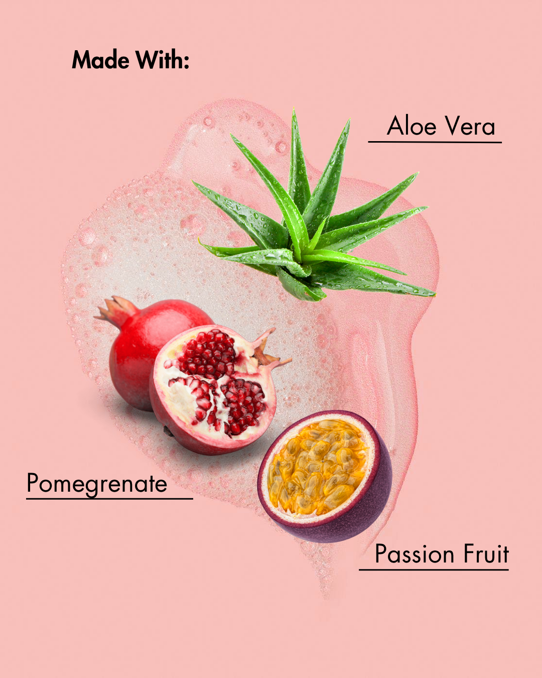 Ingrédients utilisés dans un produit sur fond rose : Aloe Vera, Grenade et Fruit de la Passion.