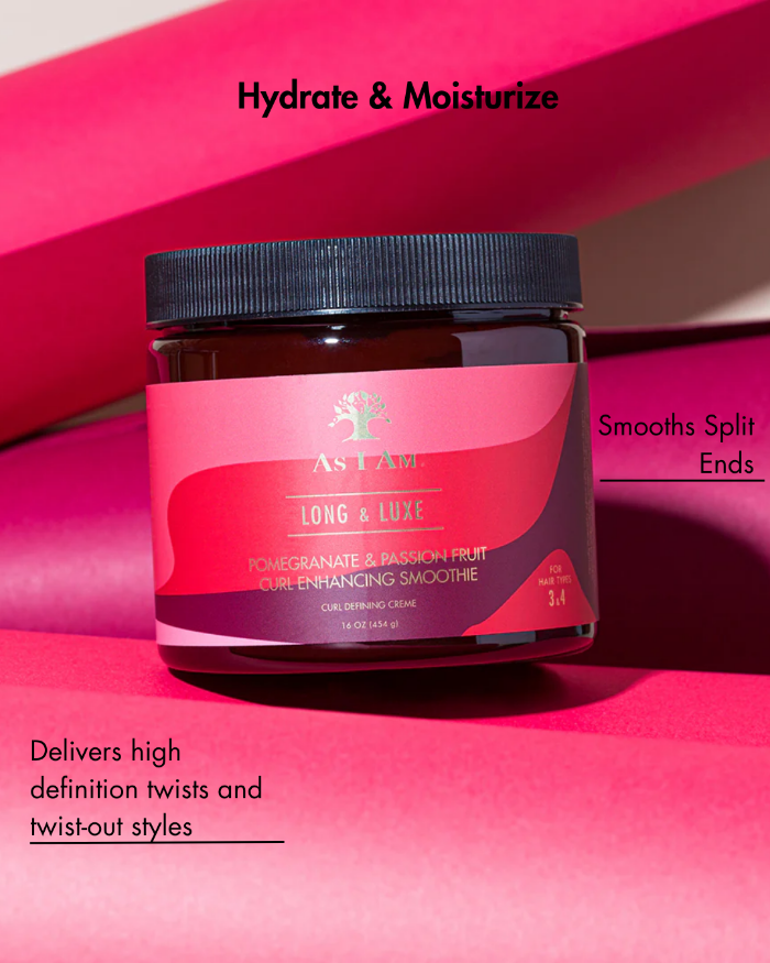 Pot de produit capillaire avec un motif rose et noir sur fond rose
