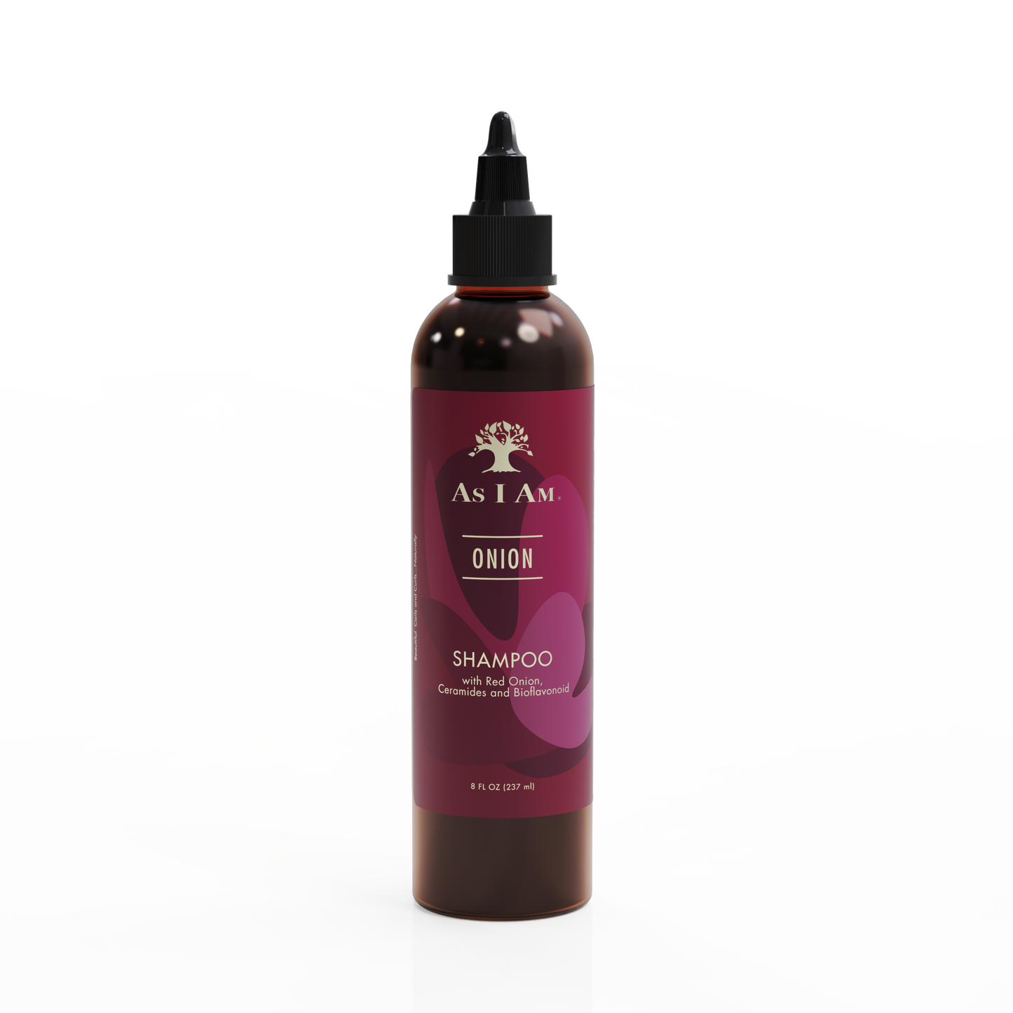 Bouteille de shampoing avec étiquette violette sur fond blanc