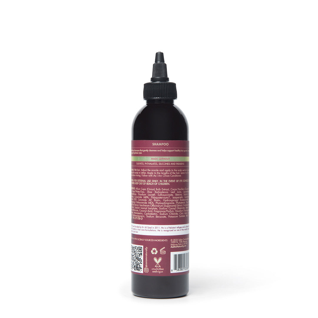 Flacon de shampoing noir avec une étiquette rouge sur fond blanc