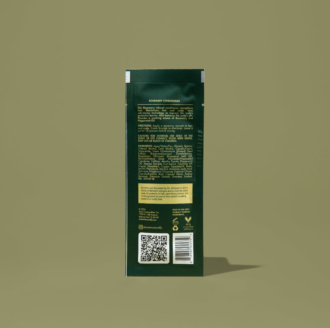 AS I AM Rosemary Conditioner en sachet de 1 oz, à la texture riche et crémeuse, formulé pour hydrater en profondeur, renforcer et démêler les cheveux tout en favorisant leur croissance, en réduisant les cassures et en apaisant le cuir chevelu.