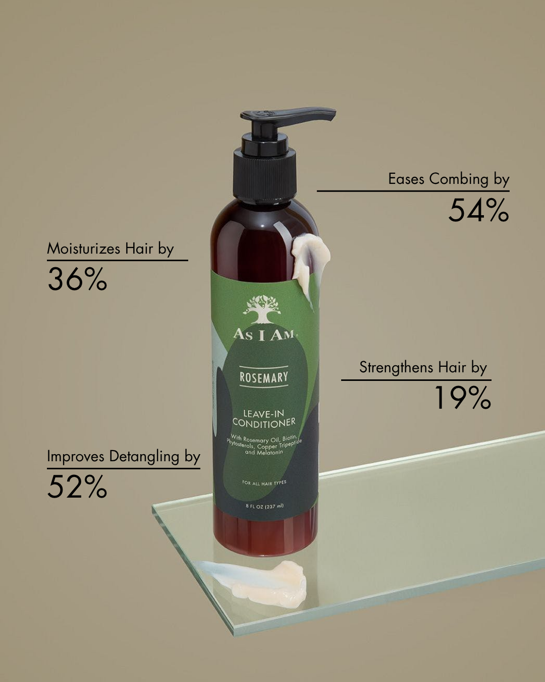 Flacon de l'après-shampoing sans rinçage au romarin As I Am avec les avantages de l'utilisation sur fond beige