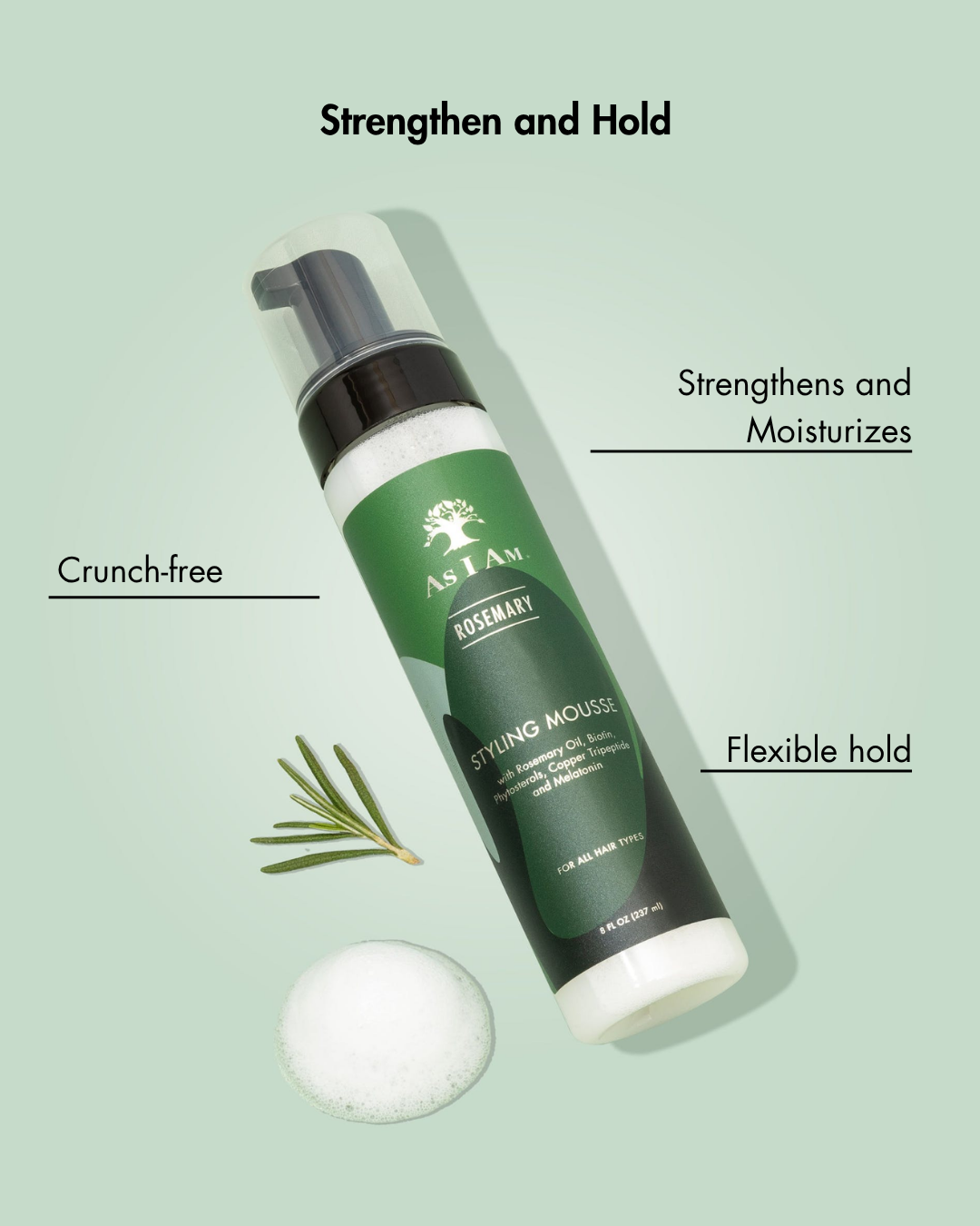Bouteille de mousse coiffante verte avec texte sur fond vert clair