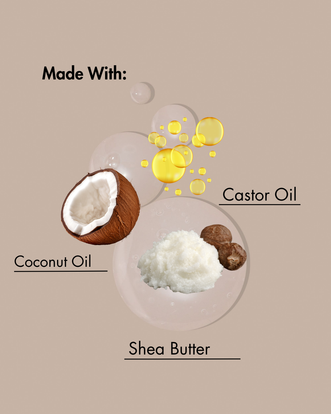 Illustration de l'huile de coco, de l'huile de ricin et du beurre de karité avec des étiquettes sur un fond beige.
