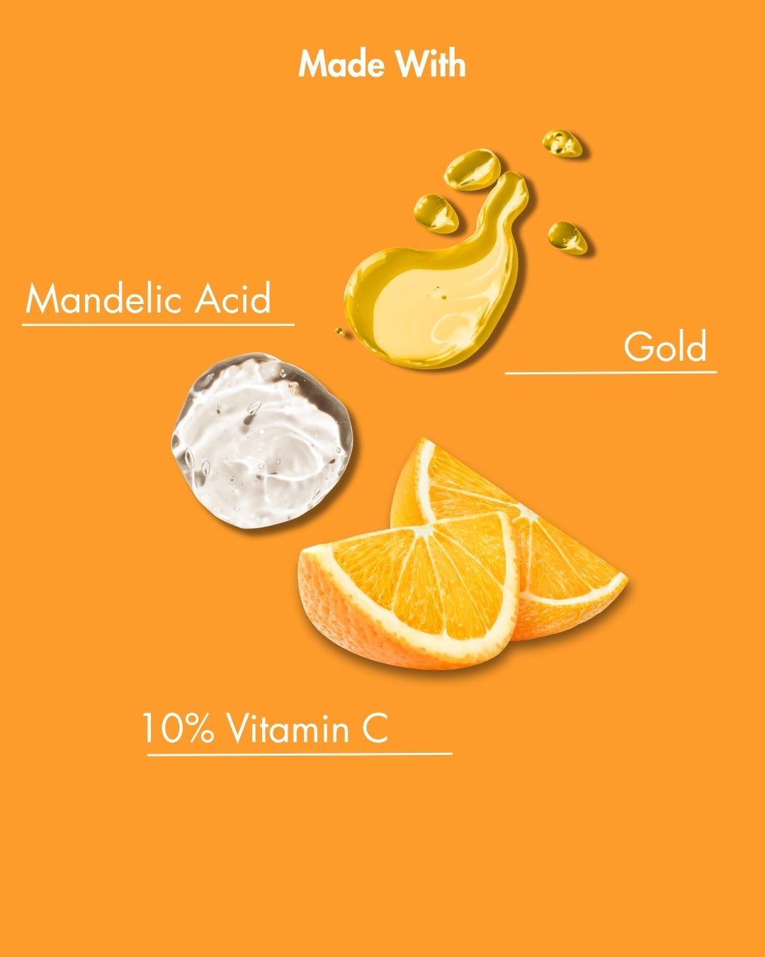 Ingrédients du produit sur fond orange avec acide mandélique, or et vitamine C.