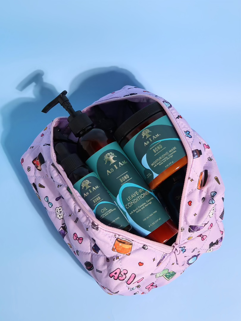 Pochette à cosmétiques de marque As I Am - sac de voyage élégant à fermeture éclair pour ranger les produits de soins capillaires et de beauté essentiels