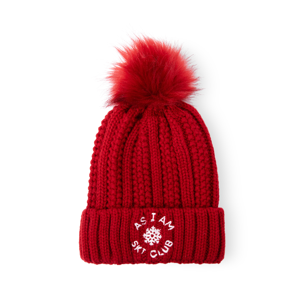 Bonnet Ski Club Satin-Lined Beanie en rouge, conçu pour la chaleur et la protection des cheveux avec une doublure en satin lisse.