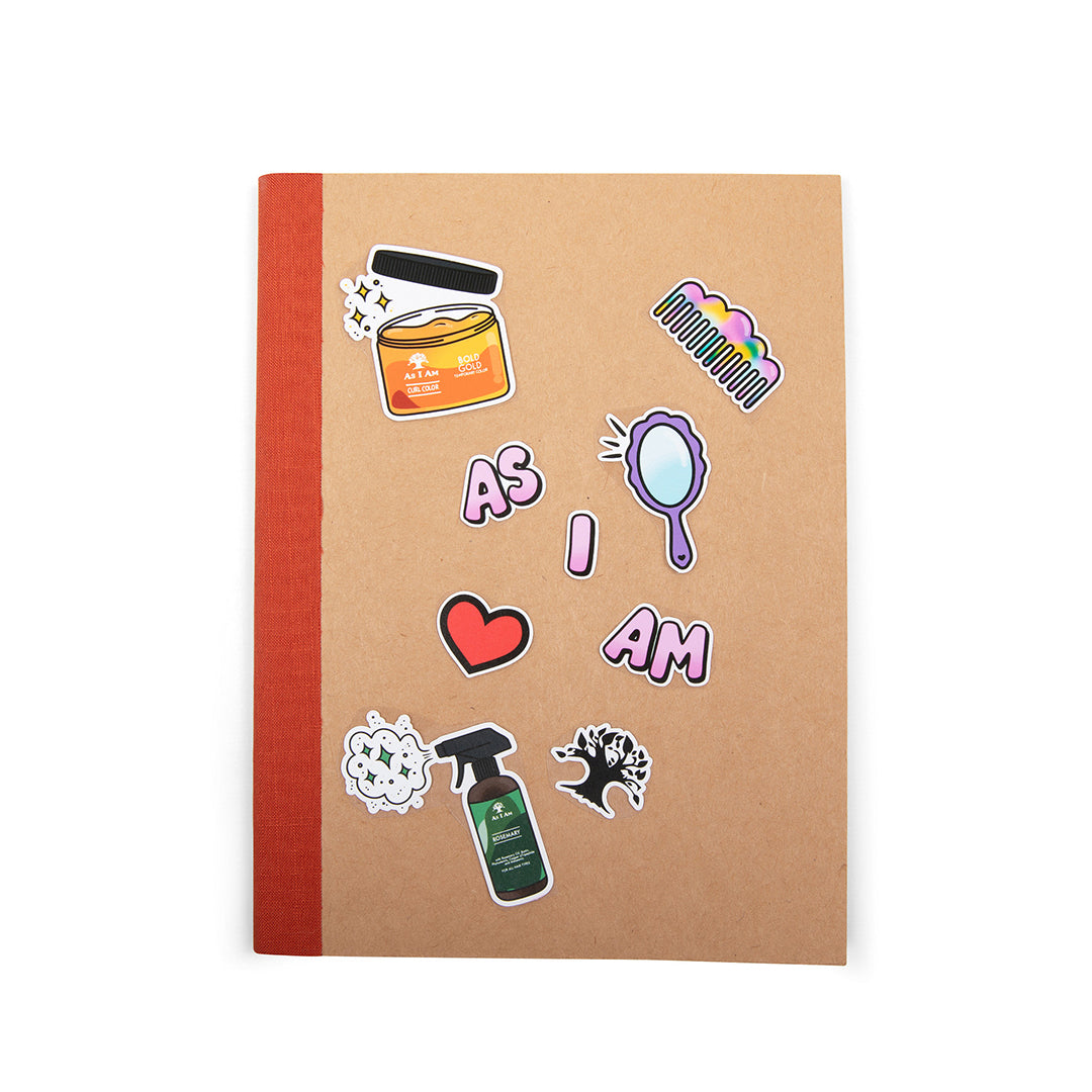 Autocollants de marque "As I Am" sur un carnet - image carrée présentant des motifs colorés et valorisants qui célèbrent les cheveux naturels et l'expression de soi, parfaits pour décorer des objets personnels.
