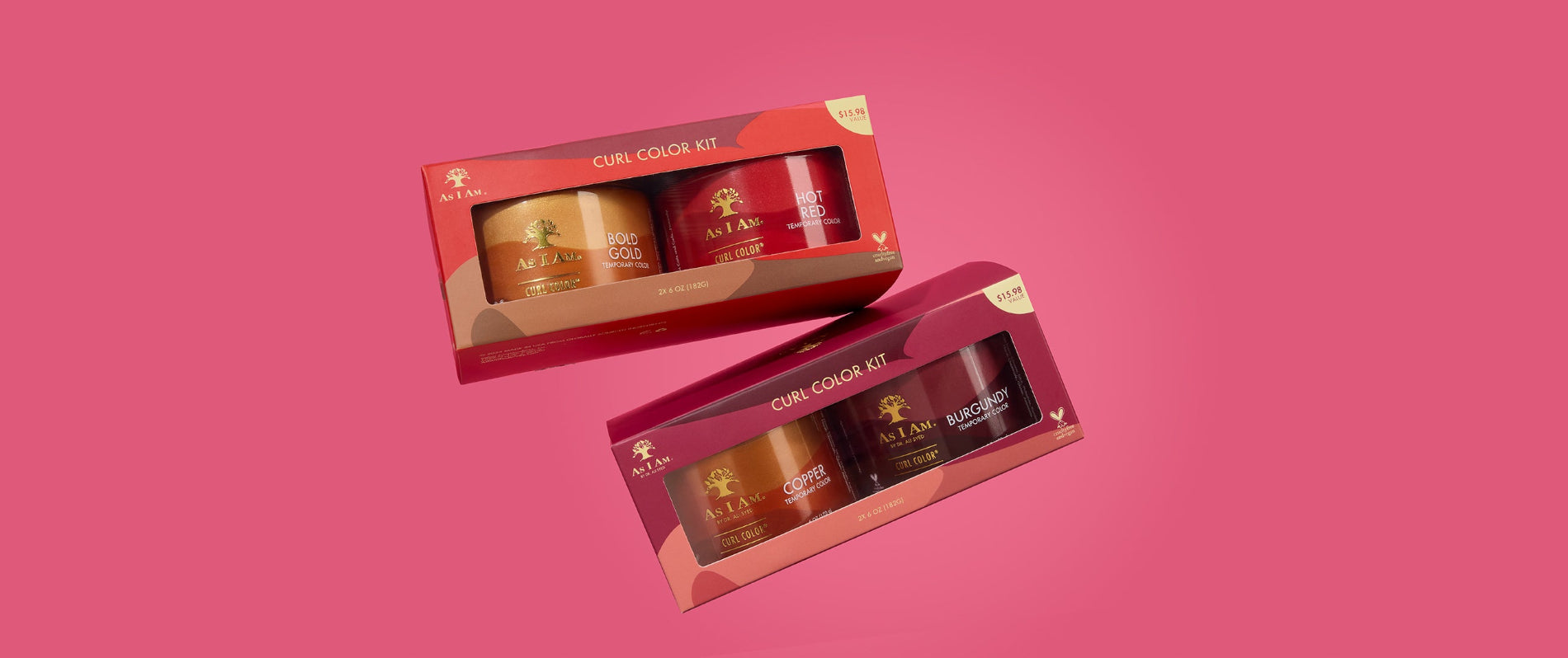 Kit de couleurs As I Am x Showy Curl - photo de face des sets de gel de couleur en édition limitée pour améliorer les boucles, avec des nuances audacieuses et un emballage co-brandé pour des boucles définies avec une brillance vibrante.