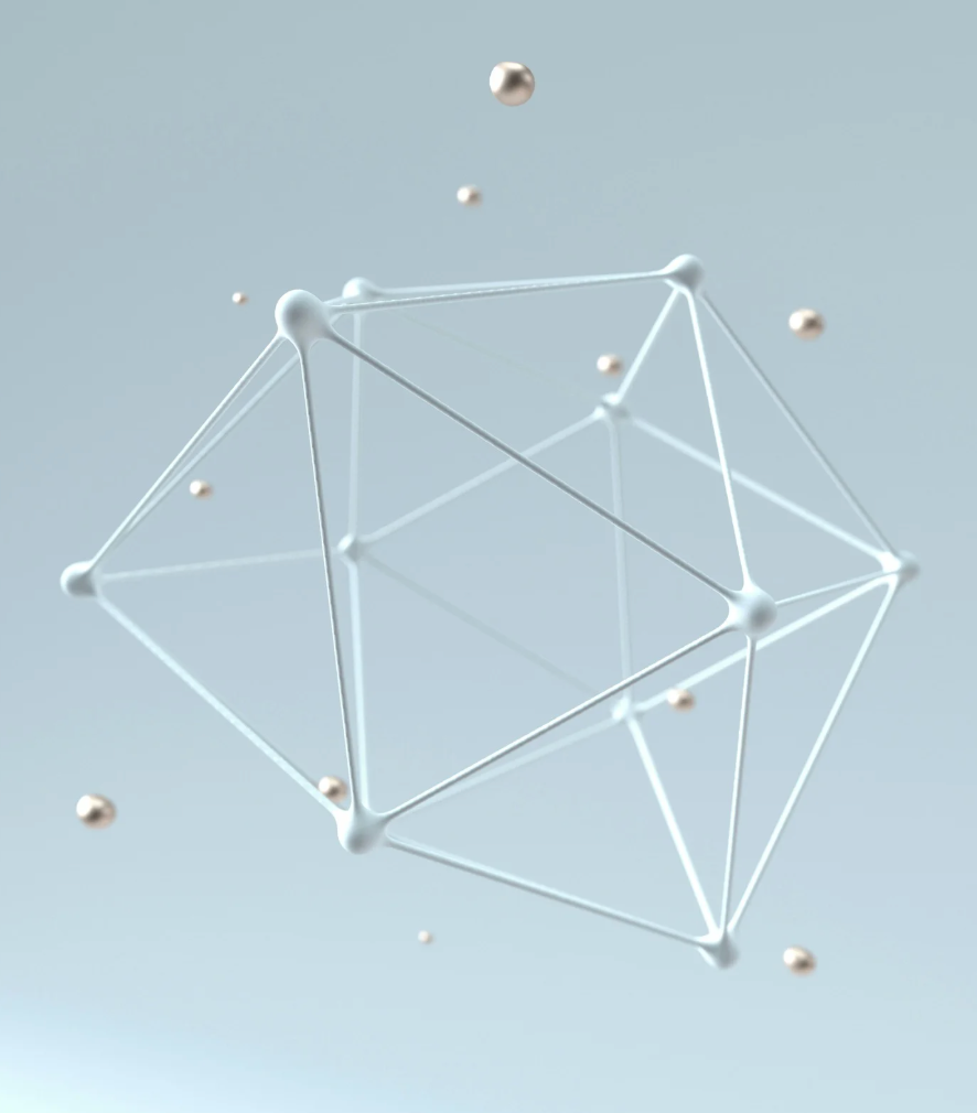 Structure géométrique avec des tiges blanches et des sphères argentées sur un fond bleu clair