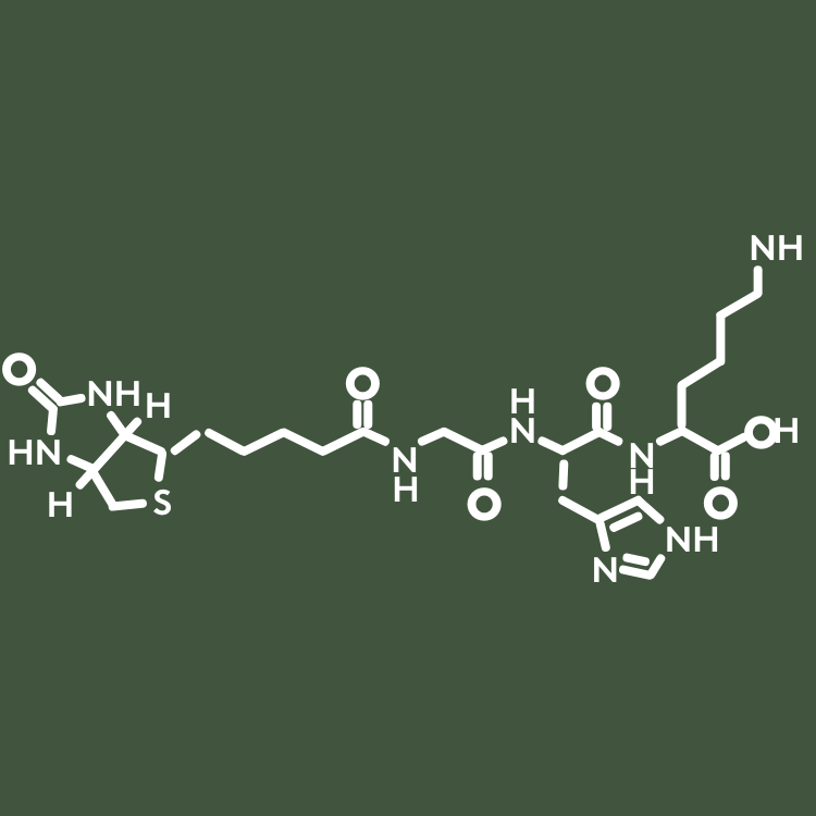 Image en gros plan de la molécule Biotinoyl Tripeptide-1, connue pour renforcer les follicules pileux, réduire la chute des cheveux et favoriser la croissance de cheveux plus épais.