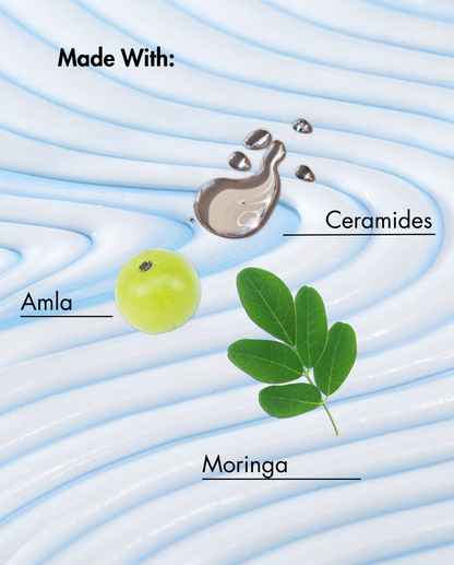 Schéma représentant l'Amla, le Moringa et les Céramides sur un fond bleu ondulé.