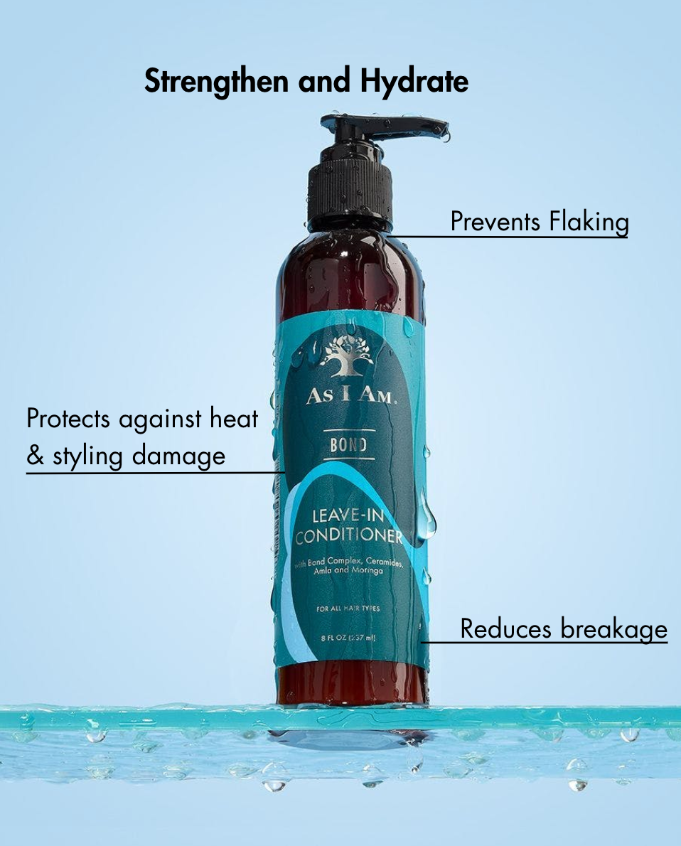 Bouteille de revitalisant sans rinçage avec texte soulignant ses avantages sur fond bleu