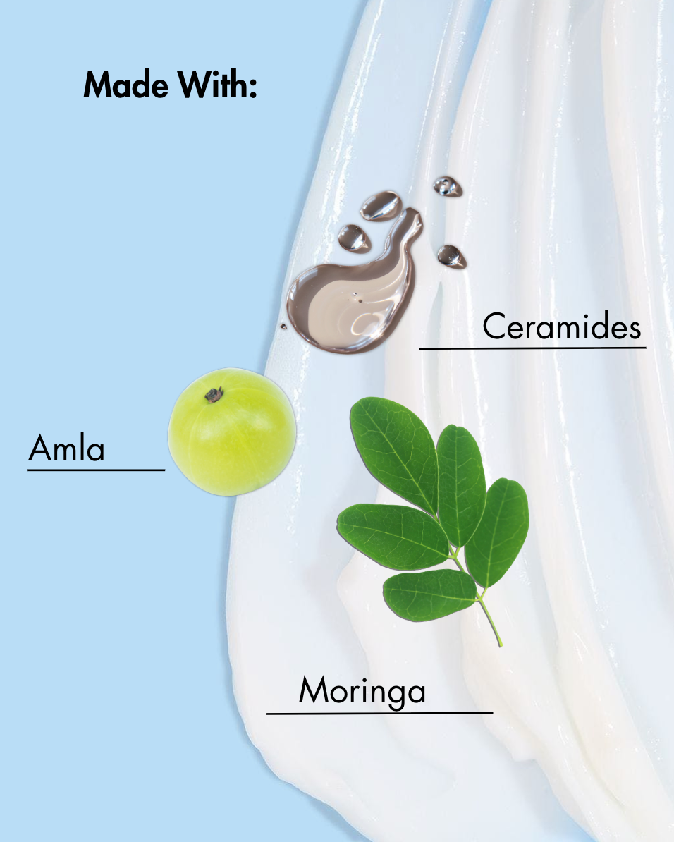Produit étiqueté "Made With :" avec Amla, Ceramides et Moringa sur un fond bleu clair.