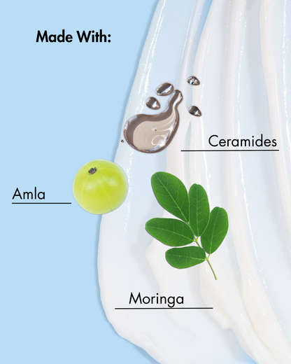 Produit étiqueté "Made With :" avec Amla, Ceramides et Moringa sur un fond bleu clair.