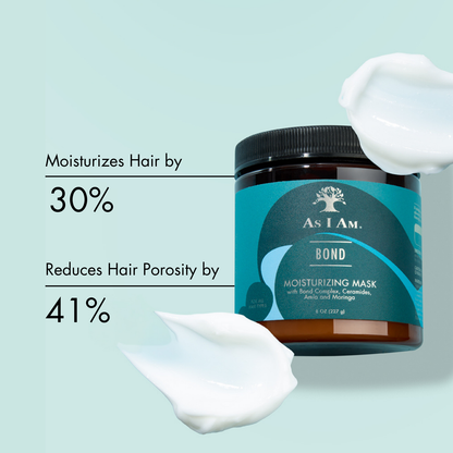 Bond Mask de As I Am - Un traitement revitalisant en profondeur qui répare et renforce les cheveux de l'intérieur. Enrichi d'ingrédients hydratants, ce masque aide à restaurer les cheveux abîmés, en améliorant leur élasticité et en les laissant lisses, hydratés et revitalisés.