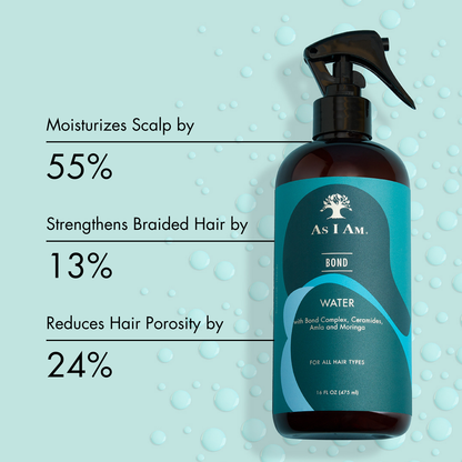 Bond Water by As I Am - Un traitement capillaire léger qui renforce et hydrate. Formulée pour améliorer l'élasticité des cheveux, réduire les cassures et améliorer la rétention de l'humidité, cette brume revitalisante est parfaite pour tous les types de cheveux, offrant des cheveux lisses et d'apparence saine.