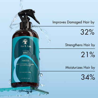 Bond Water by As I Am - Un traitement capillaire léger qui renforce et hydrate. Formulée pour améliorer l'élasticité des cheveux, réduire les cassures et améliorer la rétention de l'humidité, cette brume revitalisante est parfaite pour tous les types de cheveux, offrant des cheveux lisses et d'apparence saine.