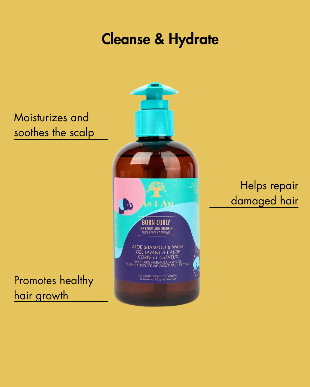 Flacon de produit capillaire Born Curly sur fond jaune avec un texte sur ses avantages.