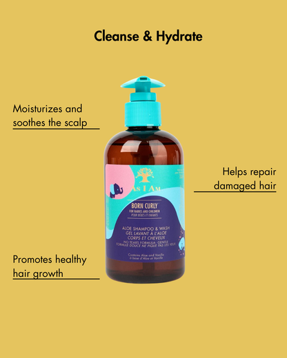 Flacon de produit capillaire Born Curly sur fond jaune avec un texte sur ses avantages.