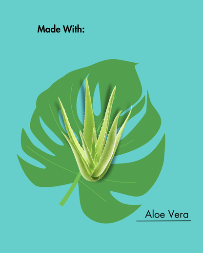 Plante d'aloe vera sur une feuille verte avec le texte "Made With : Aloe Vera" sur fond sarcelle