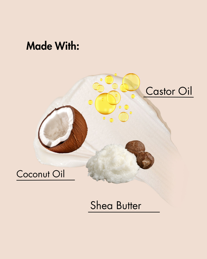 Ingrédients utilisés dans un produit présenté avec de la noix de coco, de l'huile de ricin et du beurre de karité sur un fond beige.